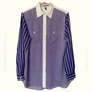 Lauren Ralph Lauren Navy White Vertical Stripe Long Sleeve Nautical Top Size M